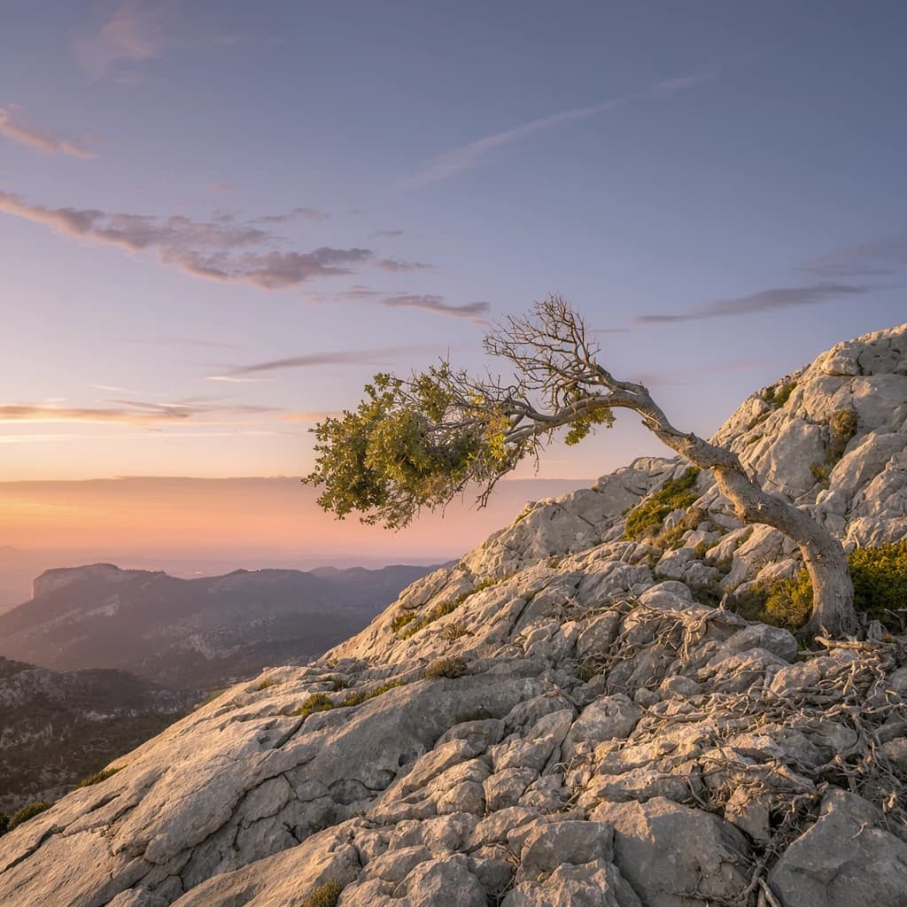 A windswept tree growing from a rocky mountainside at sunset